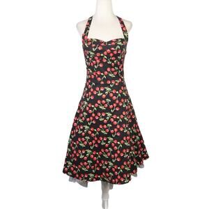 Vintage 90s M Collection Black and Red Cherry Halter Rockabilly Dress